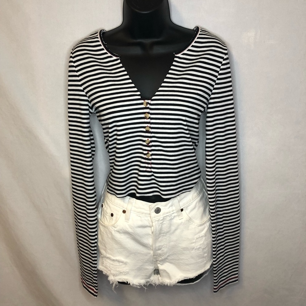 Free People FP Beach Black White Striped Long Sleeve Raw Hem Cropped Top